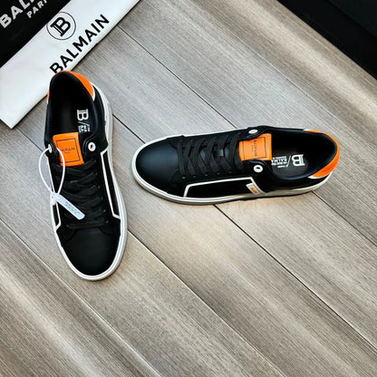 BALMAIN || Logo Patch Low-Top White/Orange ‘B-Court’ Sneakers - FASHION MYST 