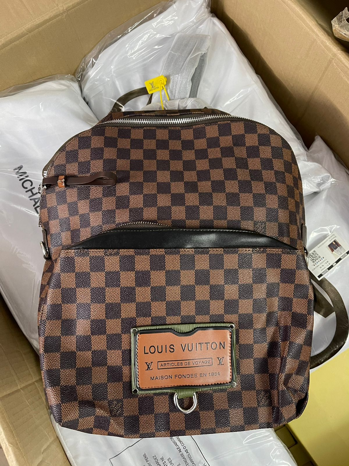 Brown Leather Damier Print BackPack