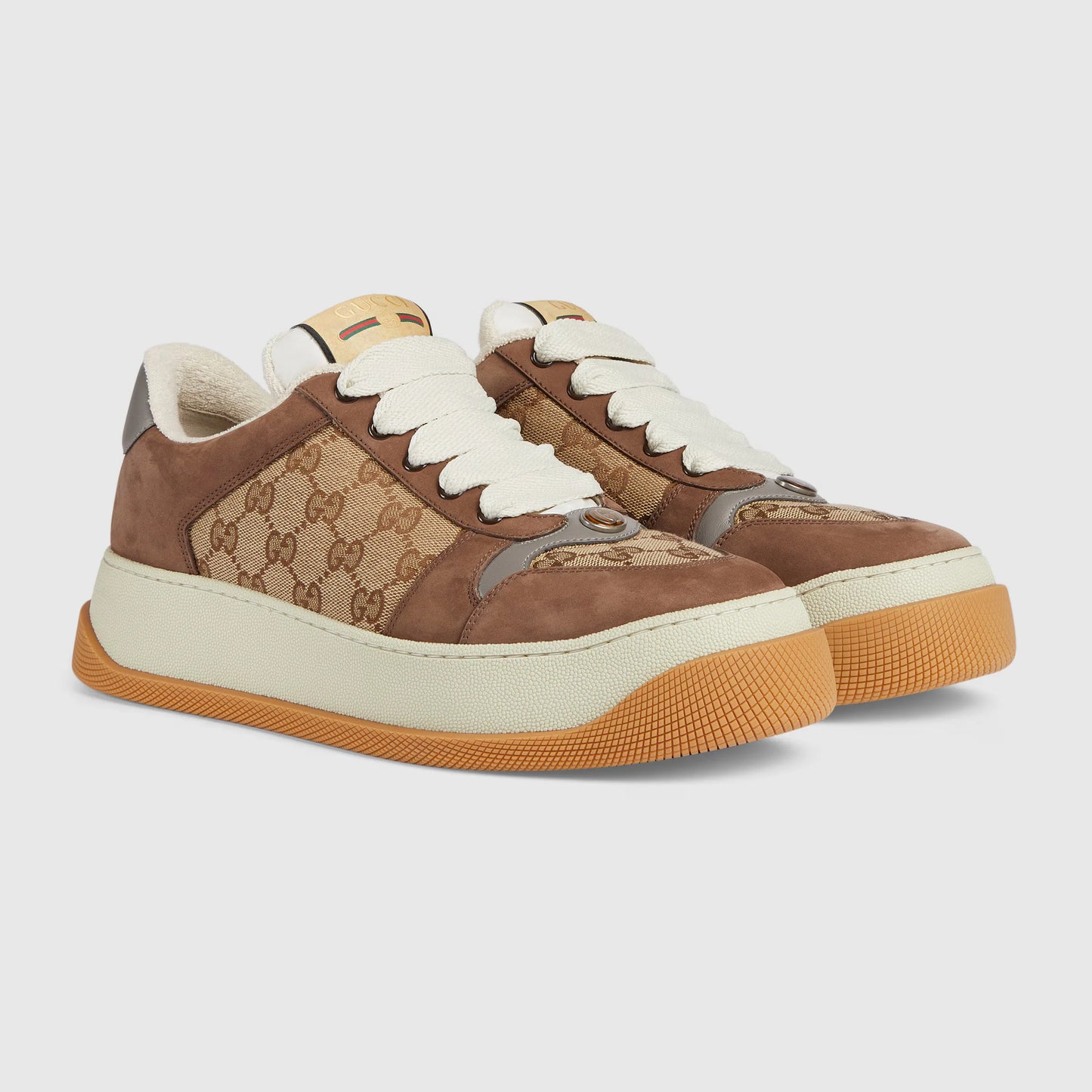 GUCCI || GG Double Screener Panelled Brown Sneakers