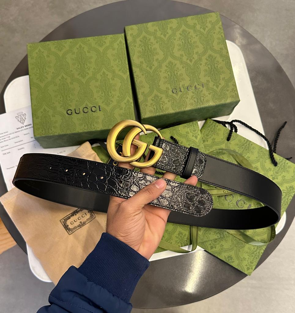 GUCCI || Crocodile Belt With Double G Buckle - FASHION MYST 