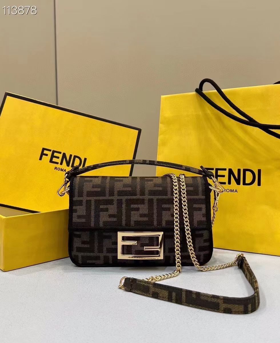 FENDI || Baguette Chain Midi FF Jacquard Fabric Bag For Ladies - FASHION MYST 