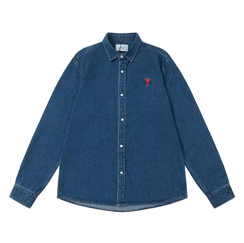 AMI PARIS デニムシャツ ハートロゴ ワンポイント インディゴ AMI PARIS || Denim Red Heart Logo Patch Shirts – Light & Dark Wash