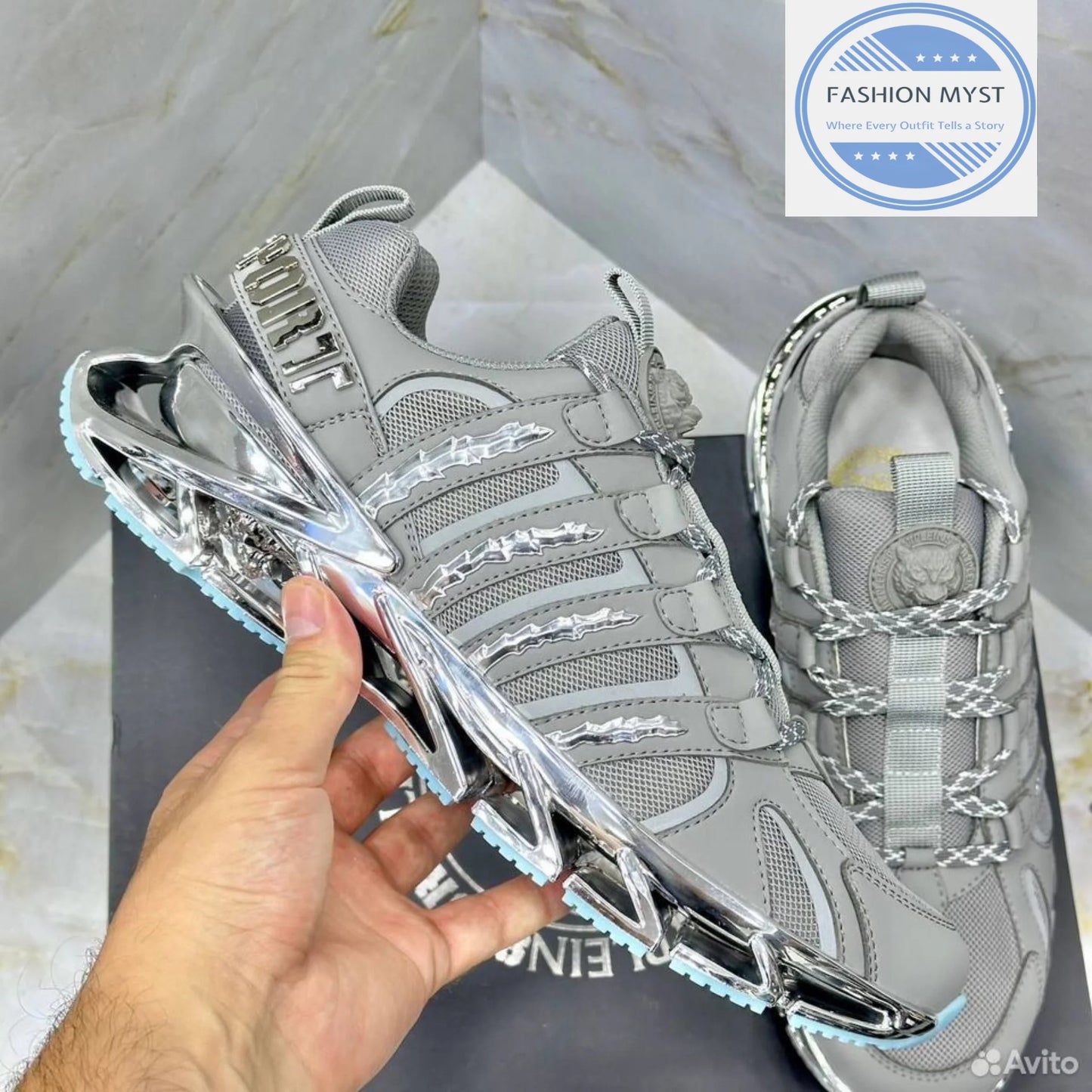 PHILIPP PLEIN || Sport Men's "Tiger Luxe" Grey Mesh Sneakers with Chrome Sculpted Sole - FASHION MYST