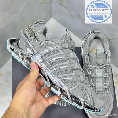 PHILIPP PLEIN || Sport Men's "Tiger Luxe" Grey Mesh Sneakers with Chrome Sculpted Sole - FASHION MYST