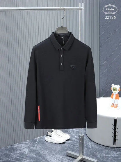 PRADA || Plain Cotton Long Sleeves With Mettalic Logo Luxury Polo T-shirt - FASHION MYST 