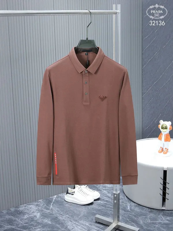 PRADA || Plain Cotton Long Sleeves With Mettalic Logo Luxury Polo T-shirt - FASHION MYST 