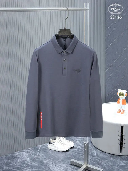 PRADA || Plain Cotton Long Sleeves With Mettalic Logo Luxury Polo T-shirt - FASHION MYST 