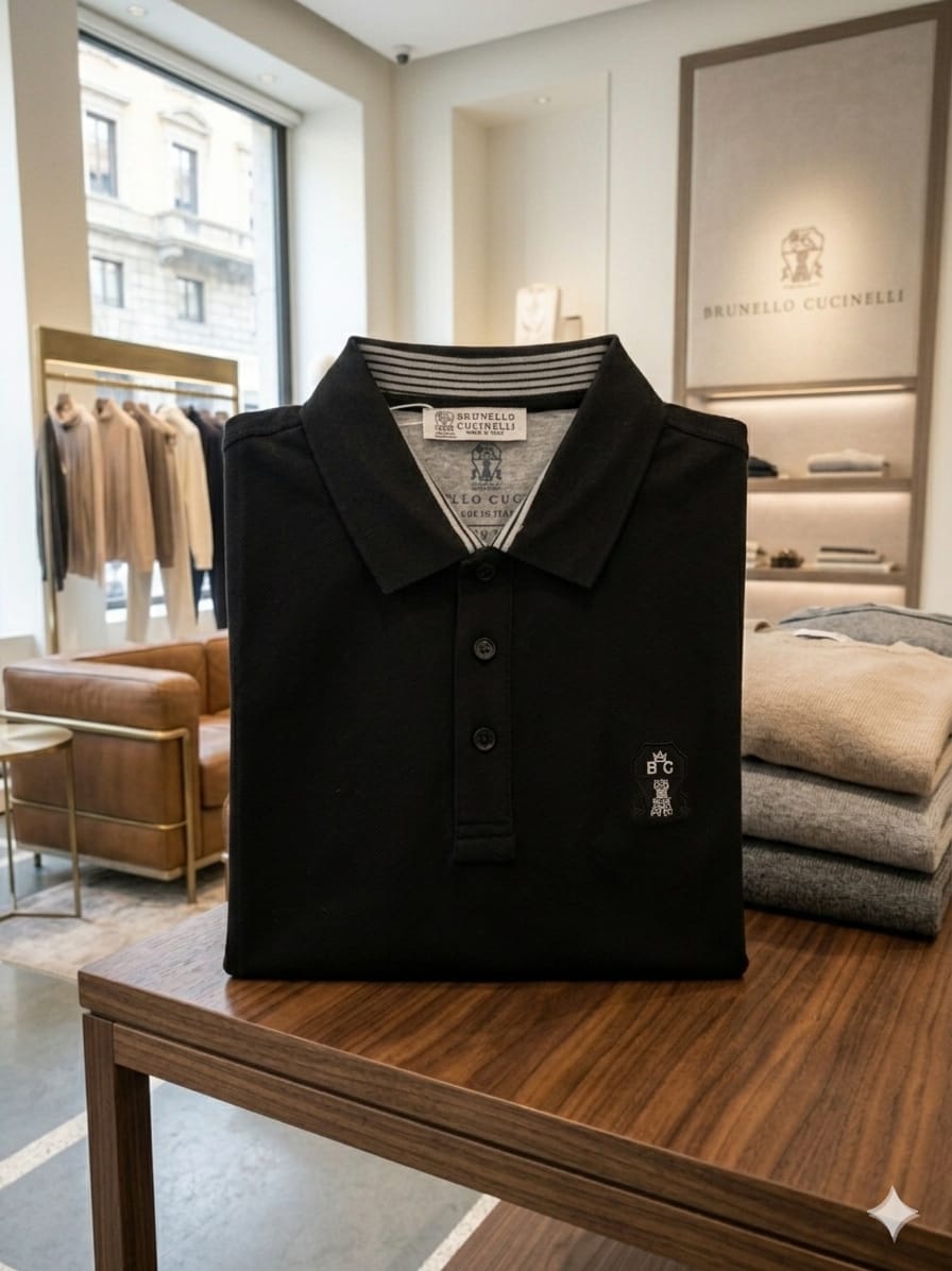 Folded Brunello Cucinelli black premium cotton polo T-shirt
