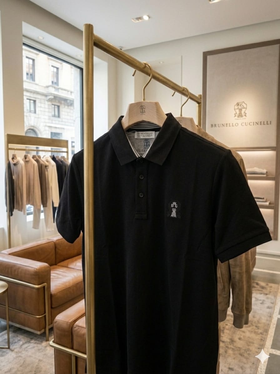 Hanging view of Brunello Cucinelli black regular fit polo T-shirt
