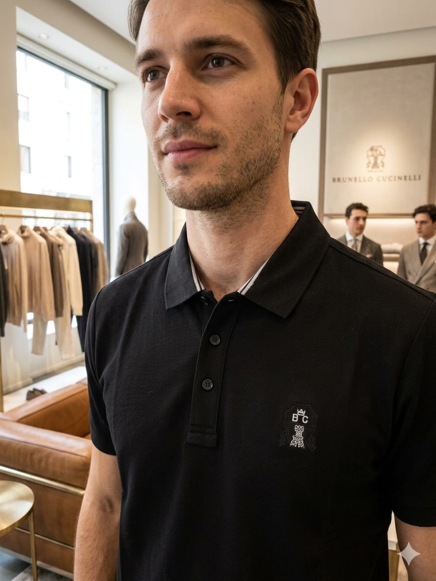 Front view of Brunello Cucinelli black polo T-shirt with embroidered BC logo
