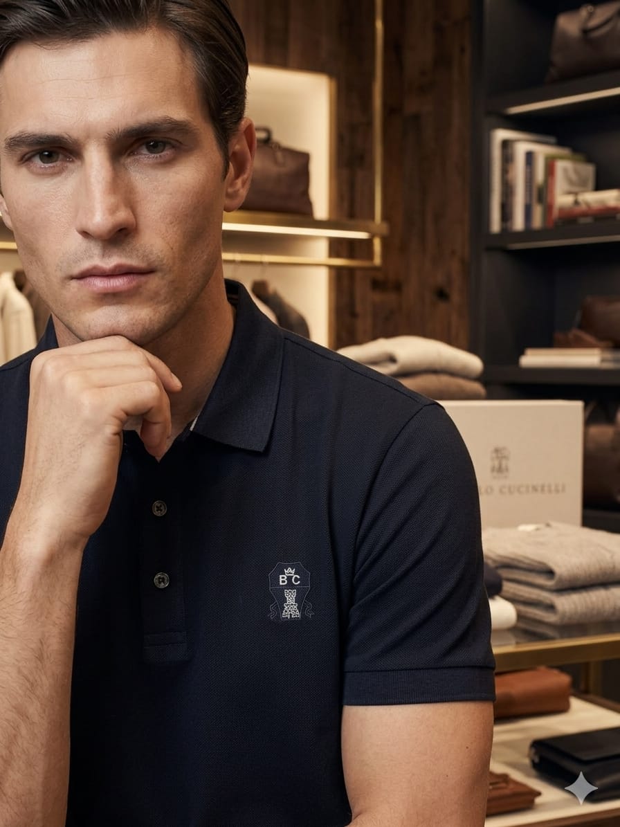 Male model wearing Brunello Cucinelli premium navy regular fit cotton polo T-shirt