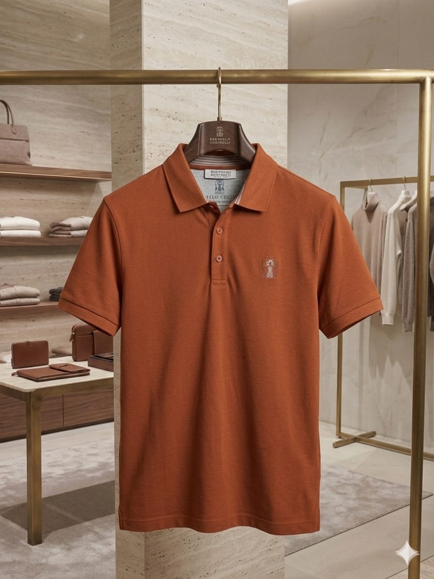 Front view of Brunello Cucinelli rust polo T-shirt with embroidered BC logo