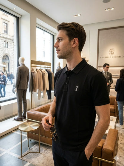 Male model wearing Brunello Cucinelli premium black regular fit cotton polo T-shirt