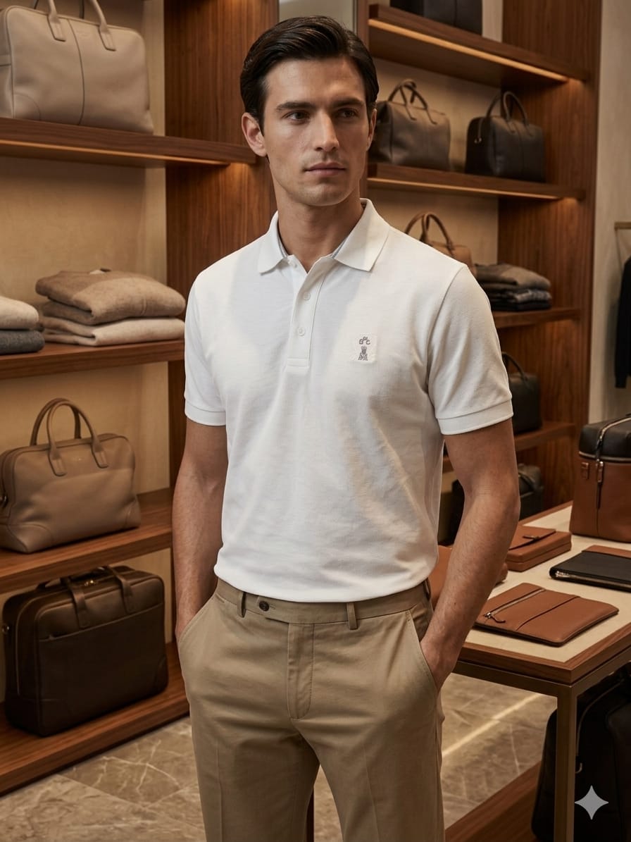 Male model wearing Brunello Cucinelli premium white regular fit cotton polo T-shirt