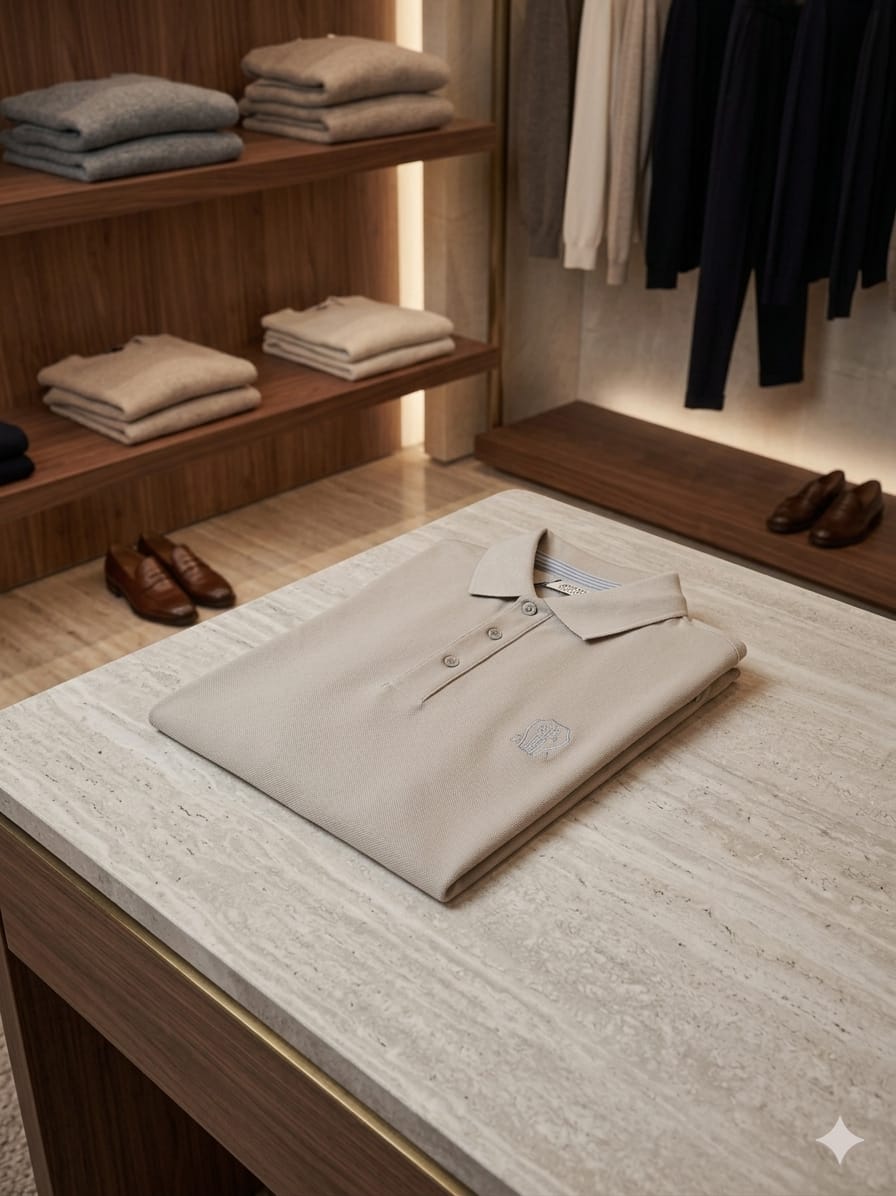 Folded Brunello Cucinelli beige premium cotton polo T-shirt
