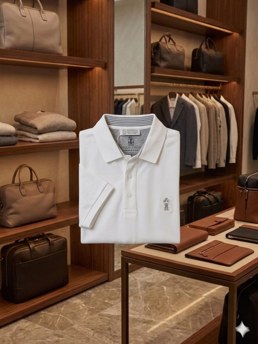 Folded Brunello Cucinelli white premium cotton polo T-shirt

