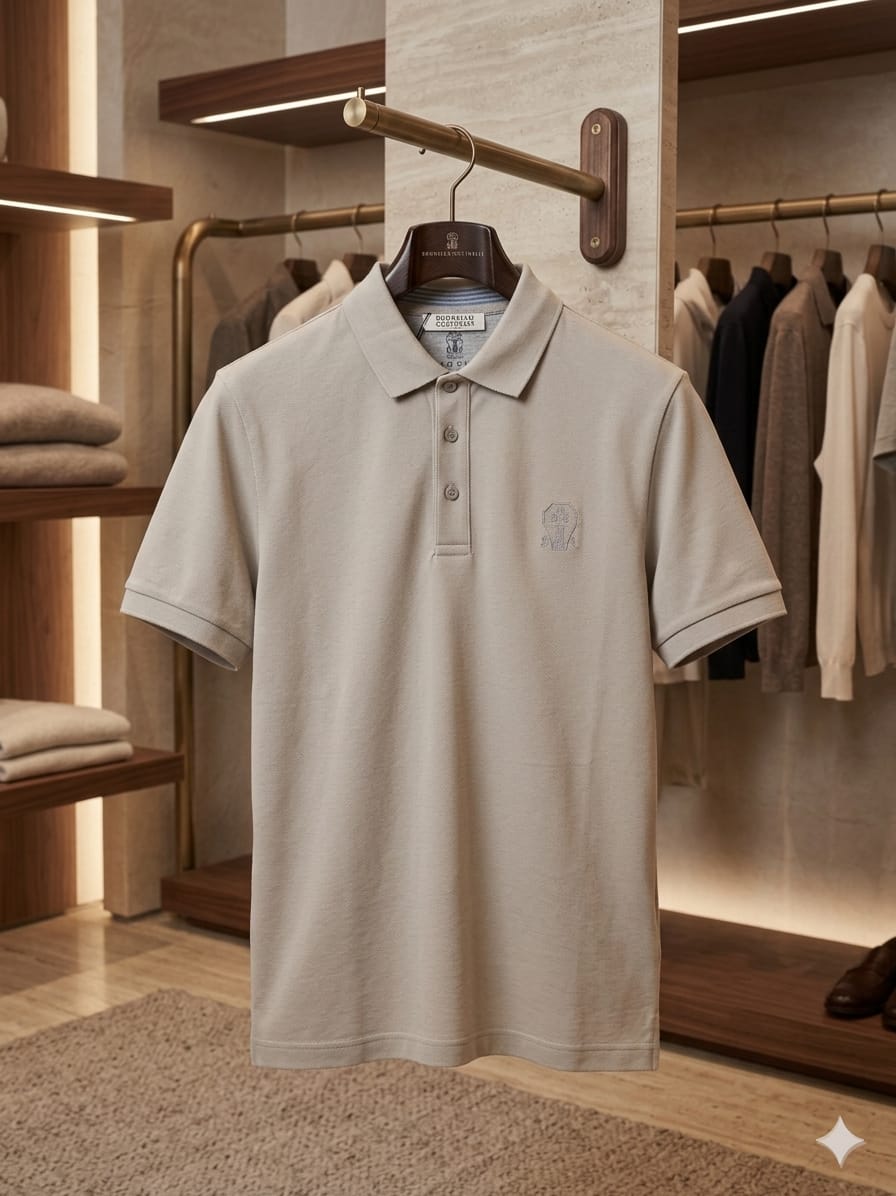 Front view of Brunello Cucinelli beige polo T-shirt with embroidered BC logo
