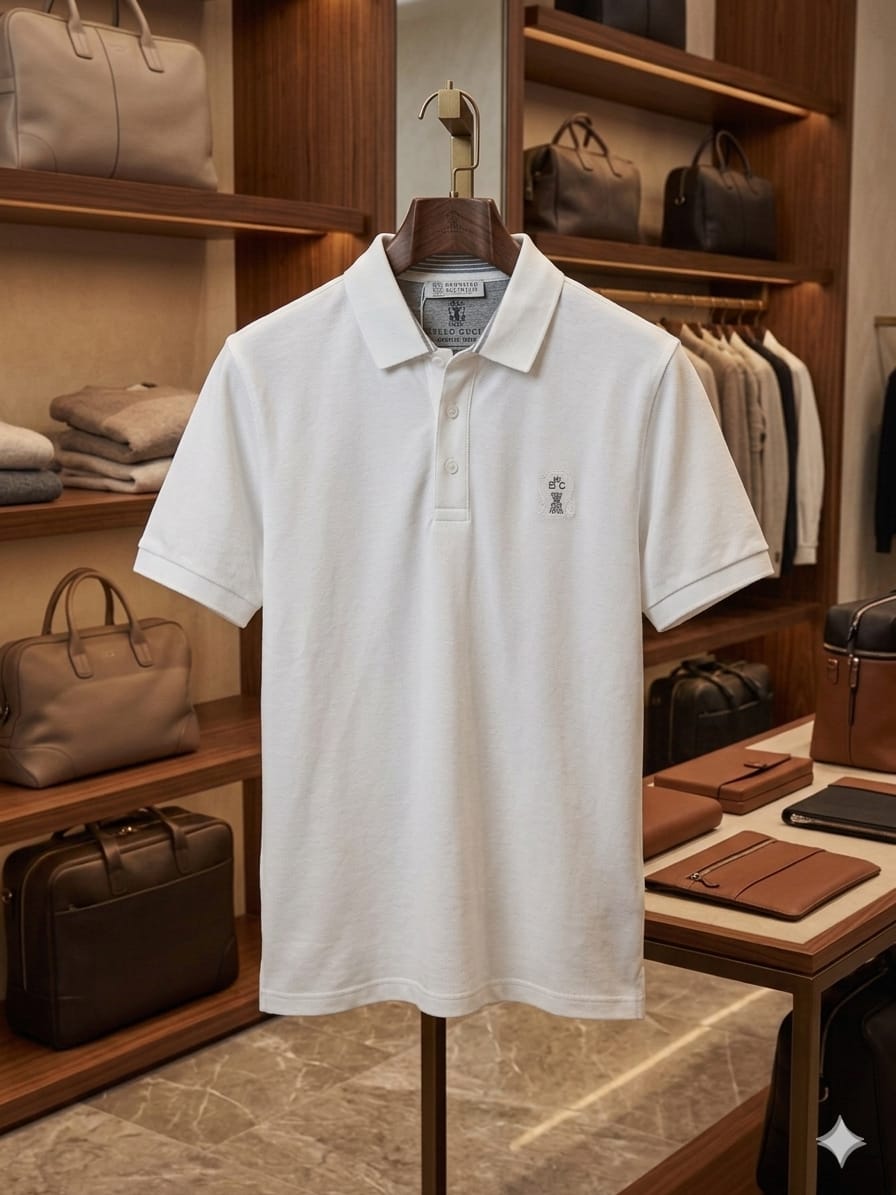 Front view of Brunello Cucinelli white polo T-shirt with embroidered BC logo
