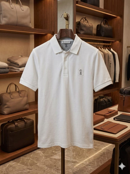 Front view of Brunello Cucinelli white polo T-shirt with embroidered BC logo

