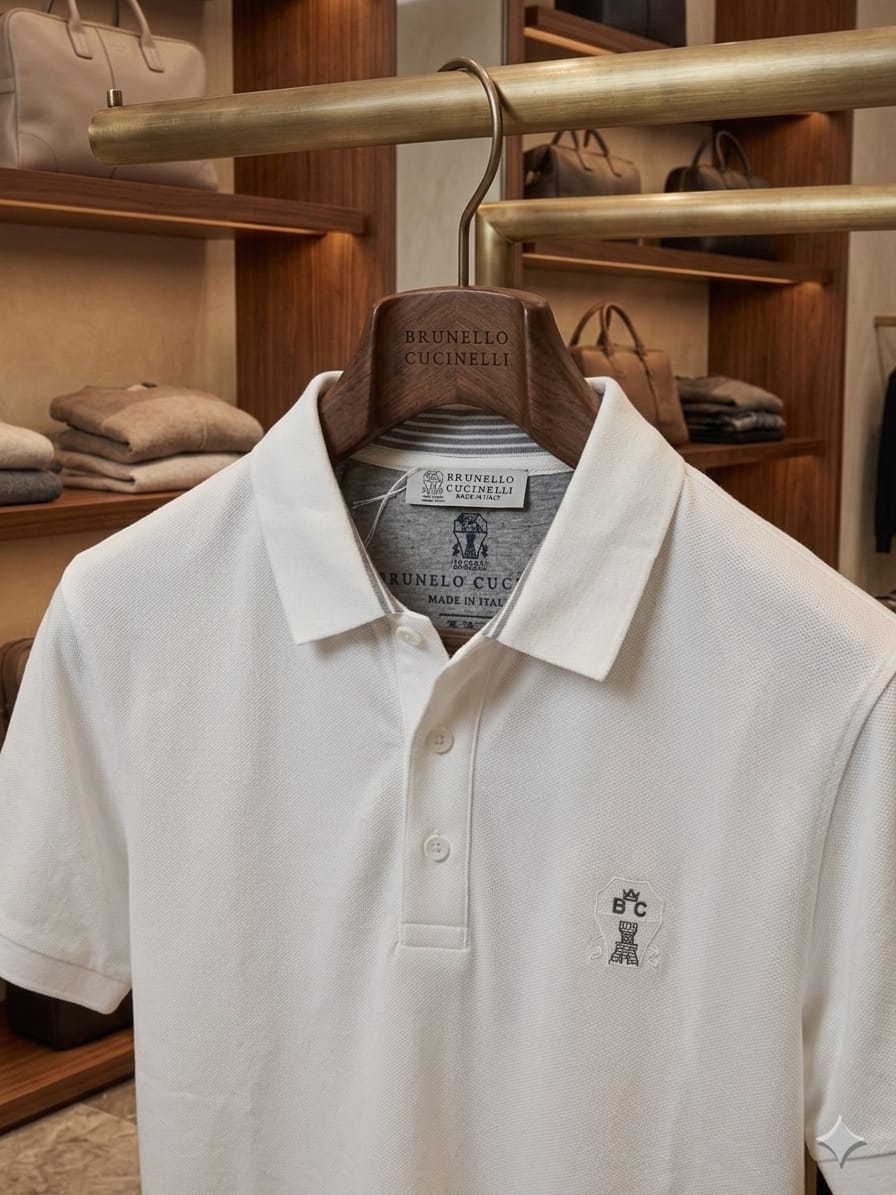 Front view of Brunello Cucinelli white polo T-shirt with embroidered BC logo