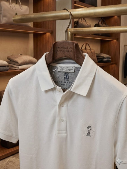 Front view of Brunello Cucinelli white polo T-shirt with embroidered BC logo