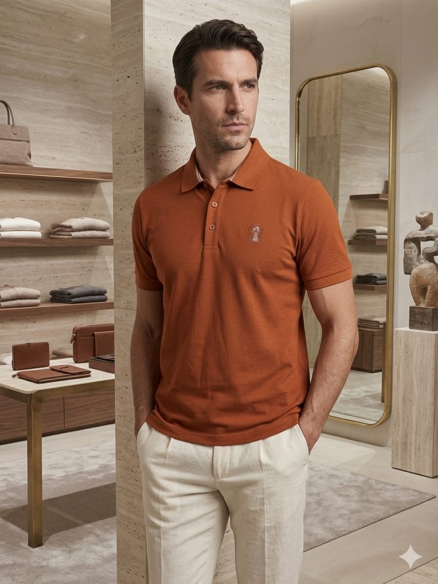 Side view of Brunello Cucinelli rust regular fit polo T-shirt