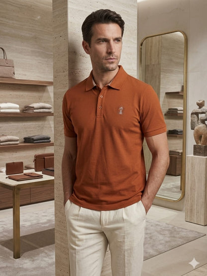 Side view of Brunello Cucinelli rust regular fit polo T-shirt