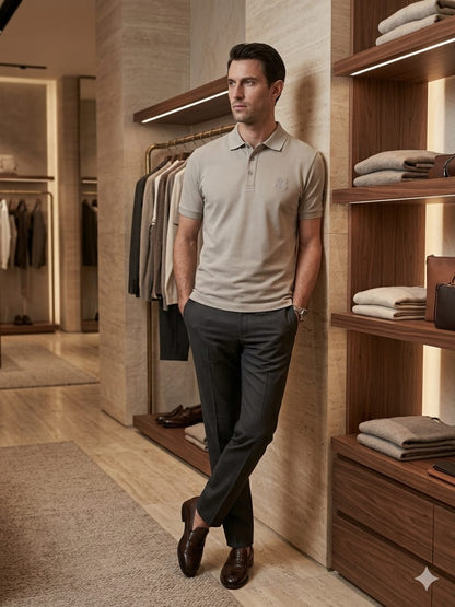 Male model wearing Brunello Cucinelli premium beige regular fit cotton polo T-shirt