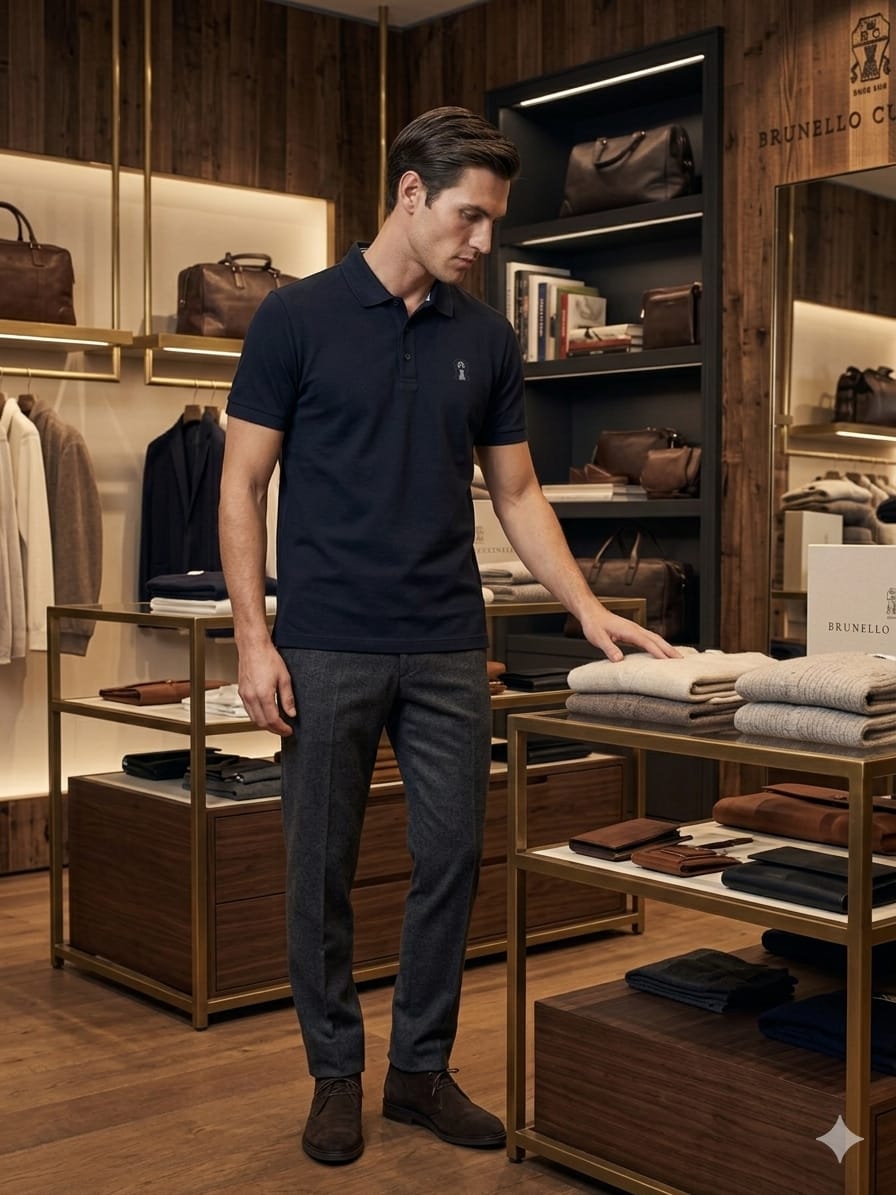 Back view of Brunello Cucinelli navy regular fit polo T-shirt. 