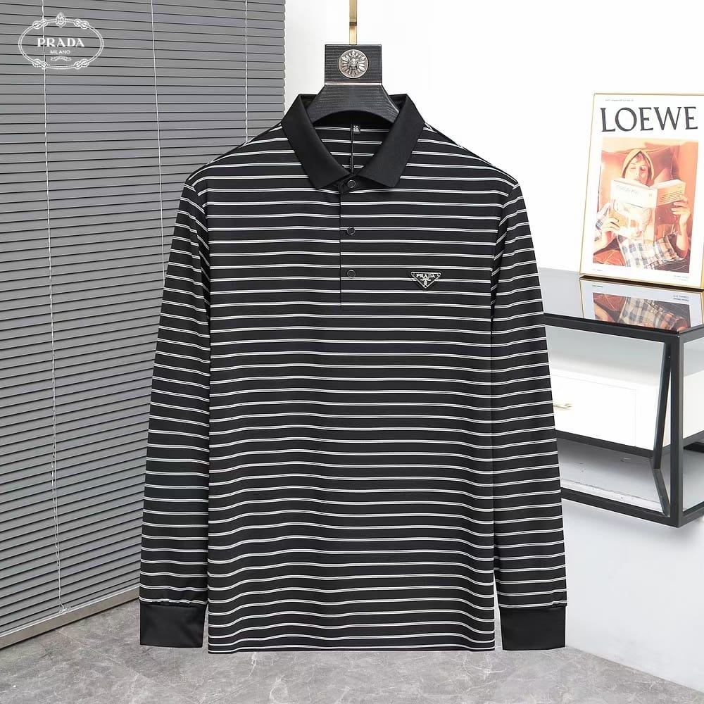 PRADA || Black And White Striped Wool Knitted Polo T-Shirt - FASHION MYST 