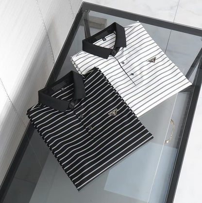 PRADA || Black And White Striped Wool Knitted Polo T-Shirt - FASHION MYST 