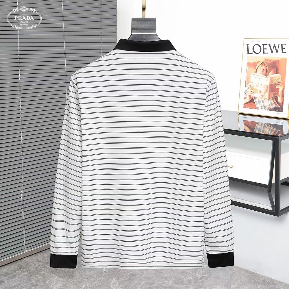 PRADA || Black And White Striped Wool Knitted Polo T-Shirt - FASHION MYST 