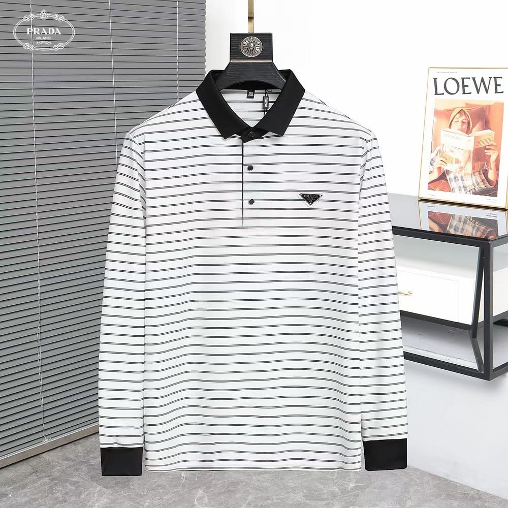 PRADA || Black And White Striped Wool Knitted Polo T-Shirt - FASHION MYST 