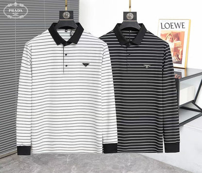 PRADA || Black And White Striped Wool Knitted Polo T-Shirt - FASHION MYST 