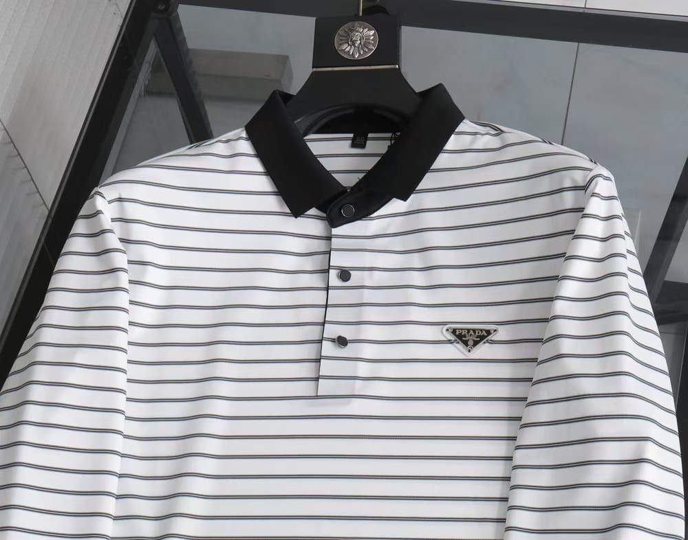 PRADA || Black And White Striped Wool Knitted Polo T-Shirt - FASHION MYST 