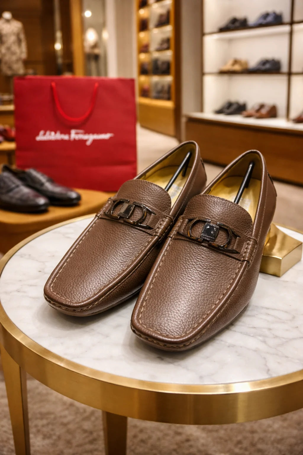 SALVATORE FERRAGAMO || Brown Pebbled Leather Gancini Loafers - FASHION MYST