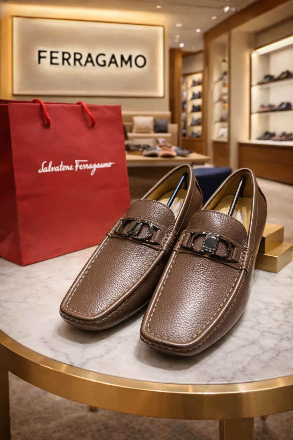 SALVATORE FERRAGAMO || Brown Pebbled Leather Gancini Loafers - FASHION MYST
