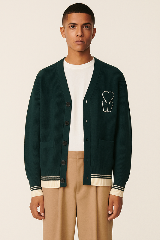 AMI PARIS || Men's Dark Green Ribbed Cardigan with Heart Emblem – Stylish Casual Wear
