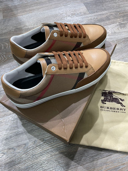 BURBERRY || Salmond Leather Check Sneakers - Beige - FASHION MYST 