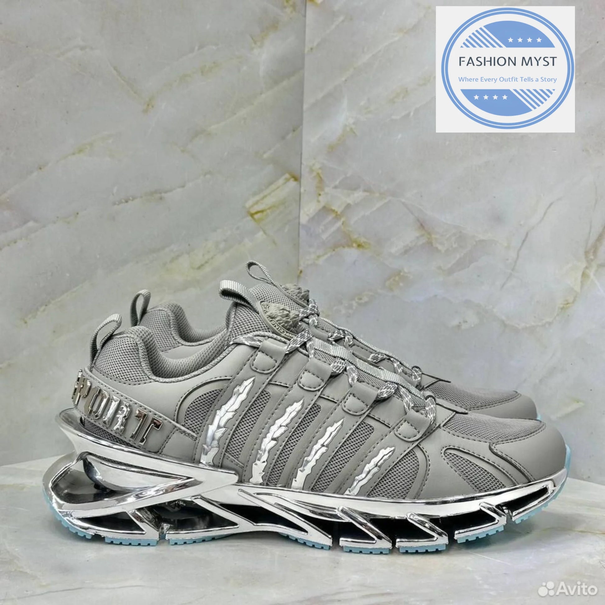 PHILIPP PLEIN || Sport Men's "Tiger Luxe" Grey Mesh Sneakers with Chrome Sculpted Sole - FASHION MYST