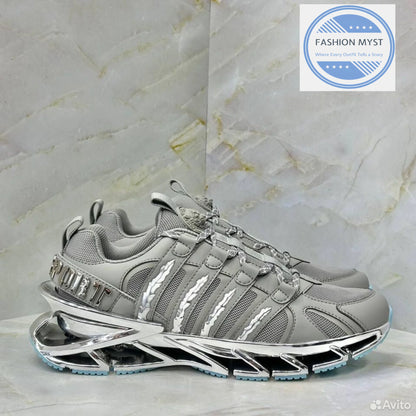 PHILIPP PLEIN || Sport Men's "Tiger Luxe" Grey Mesh Sneakers with Chrome Sculpted Sole - FASHION MYST