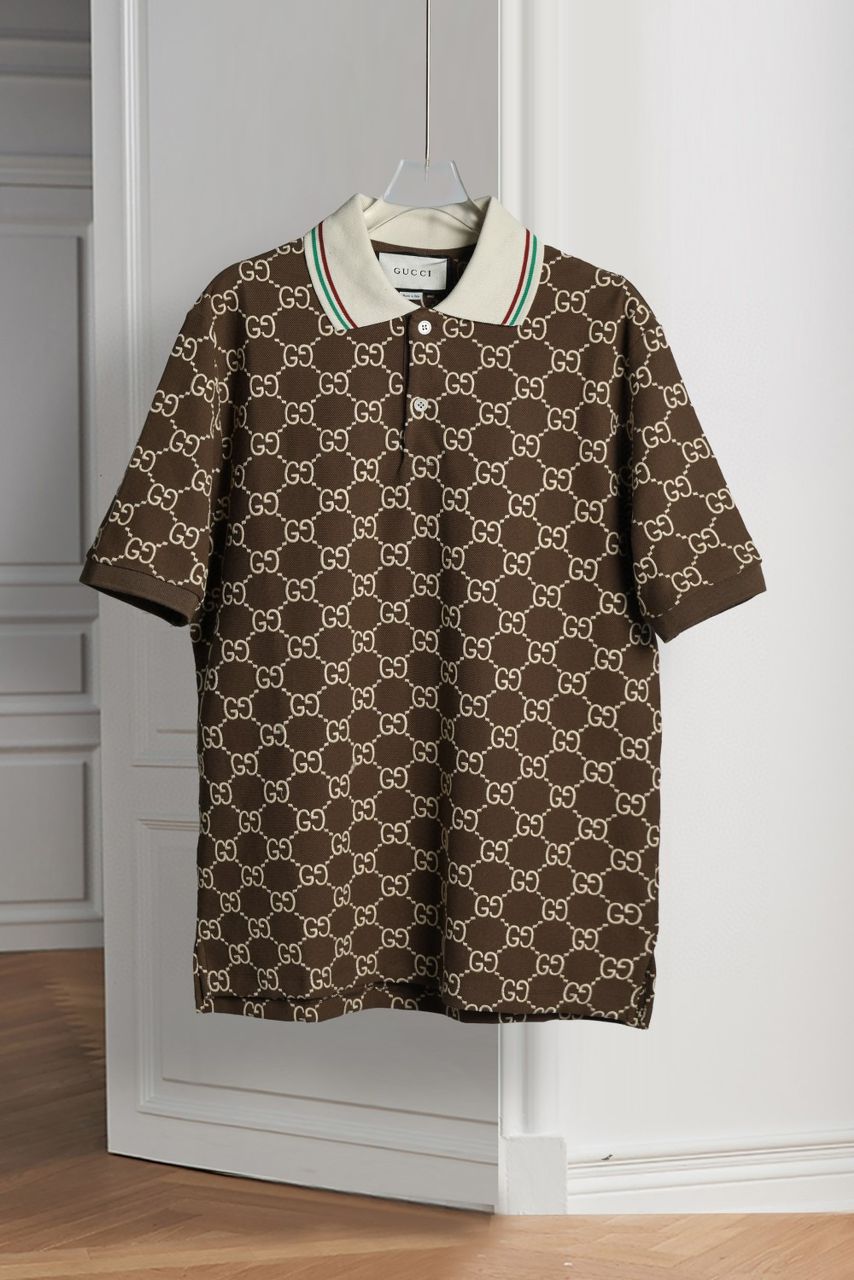 GUCCI || Men's Brown GG-Monogram Silk And Cotton-Blend Piqué Polo T-Shirt - FASHION MYST 