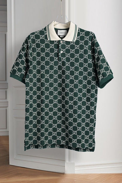 GUCCI || Men's Green GG-Monogram Silk And Cotton-Blend Piqué Polo T-Shirt - FASHION MYST 