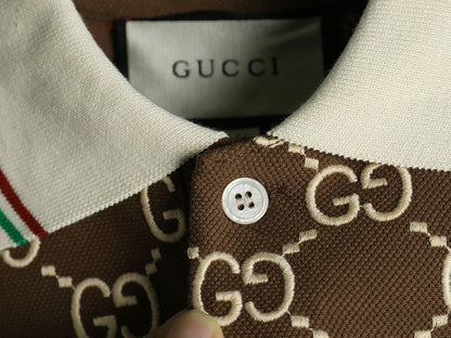 GUCCI || Men's Brown GG-Monogram Silk And Cotton-Blend Piqué Polo T-Shirt - FASHION MYST 