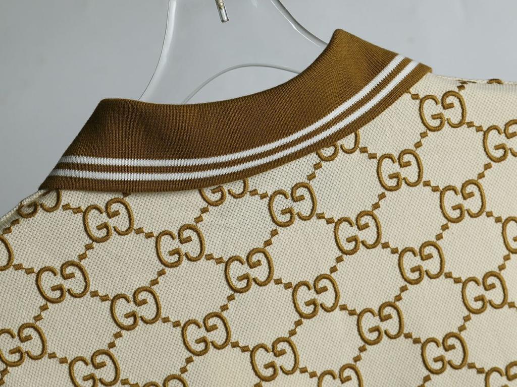 GUCCI || Men's Beige GG-Monogram Silk And Cotton-Blend Piqué Polo T-Shirt - FASHION MYST 