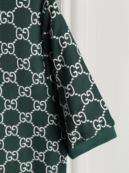 GUCCI || Men's Green GG-Monogram Silk And Cotton-Blend Piqué Polo T-Shirt - FASHION MYST 