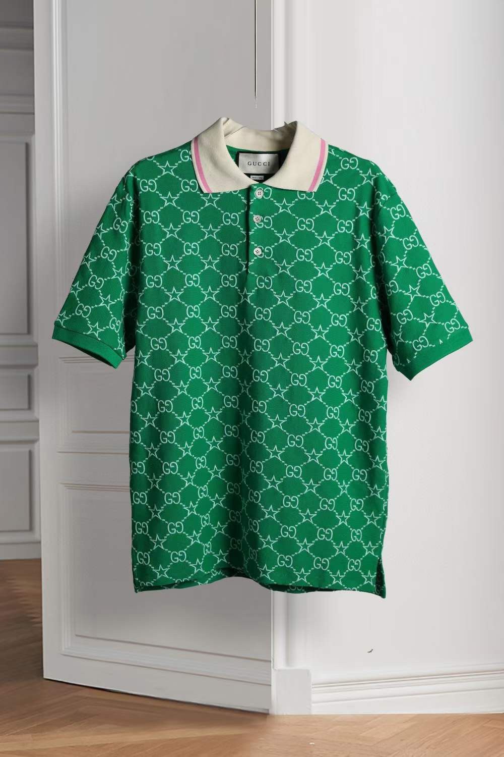 GUCCI || GG Logo All-Over Print Cotton Silk Polo T-Shirt / Green - FASHION MYST 