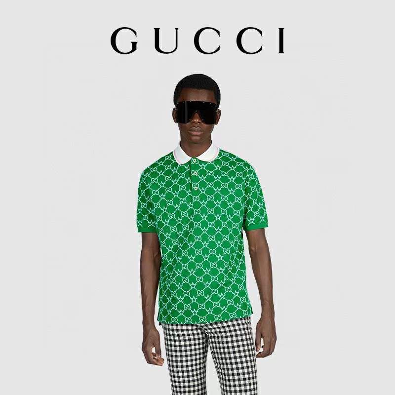 GUCCI || GG Logo All-Over Print Cotton Silk Polo T-Shirt / Green - FASHION MYST 