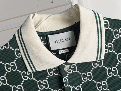 GUCCI || Men's Green GG-Monogram Silk And Cotton-Blend Piqué Polo T-Shirt - FASHION MYST 