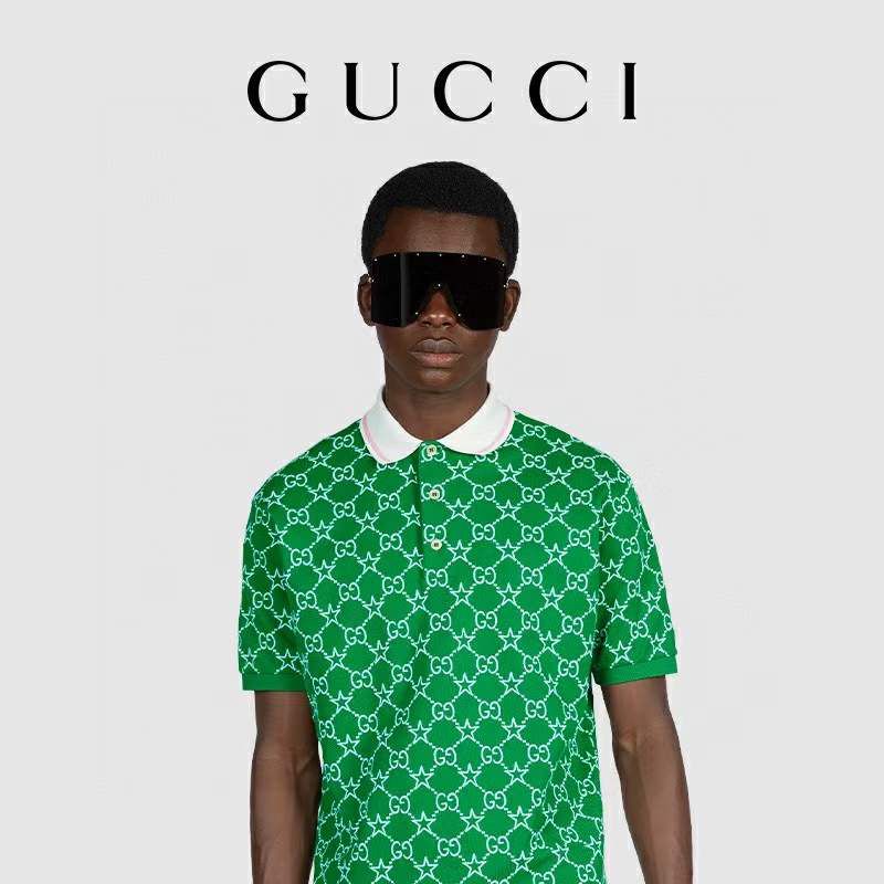 GUCCI || GG Logo All-Over Print Cotton Silk Polo T-Shirt / Green - FASHION MYST 